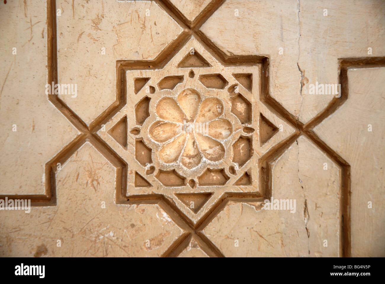 Detalle de estuco, Palacio de Comares, Palacios Nazaries Nazrid, los palacios de la Alhambra, Granada, Andalucía, España Foto de stock