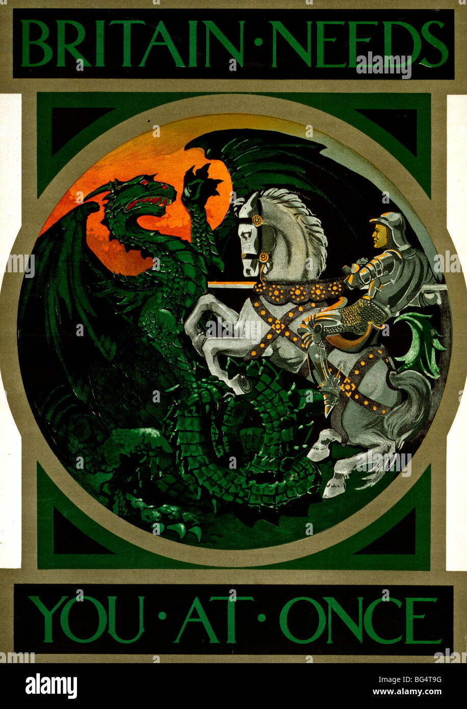 Gran Bretaña necesita usted a la vez - de la I Guerra Mundial, póster de San Jorge matando al dragón Foto de stock