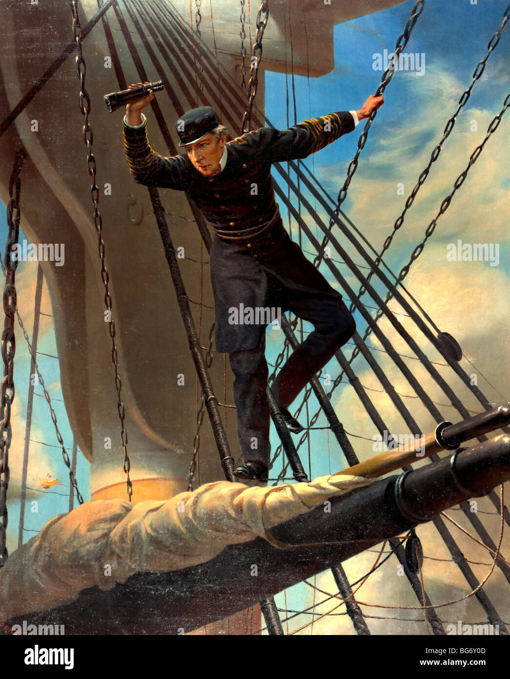 Amarrado a los carenados--Farragut pasando las fortalezas en Mobile, en su buque insignia, Hartford durante la batalla de Mobile Bay, 1864 Foto de stock