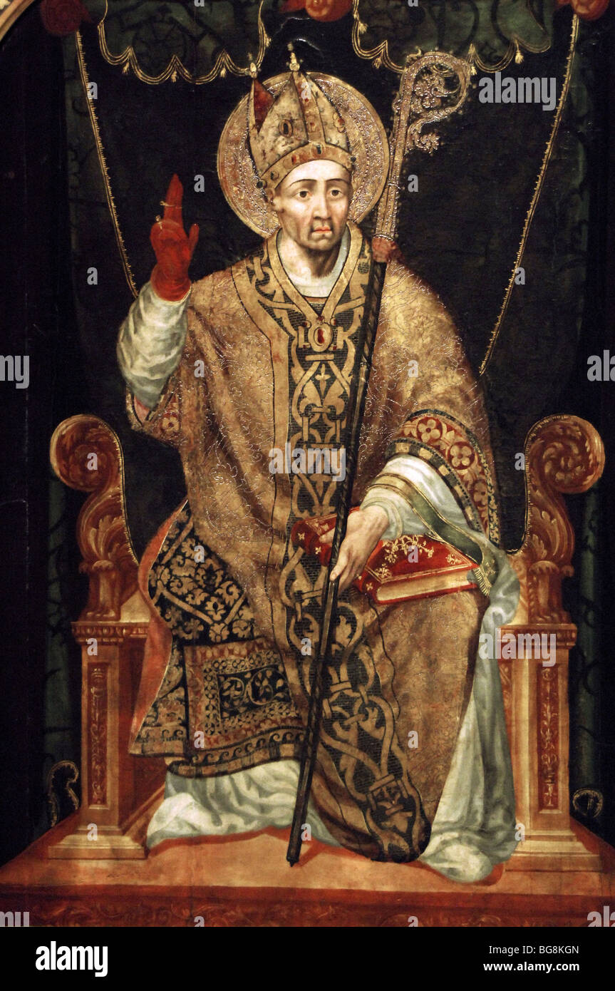 MAESTRO DEL ROSARIO. Pintor activo en Cataluña durante la primera mitad del siglo XVI. Obispo entronizado. Foto de stock