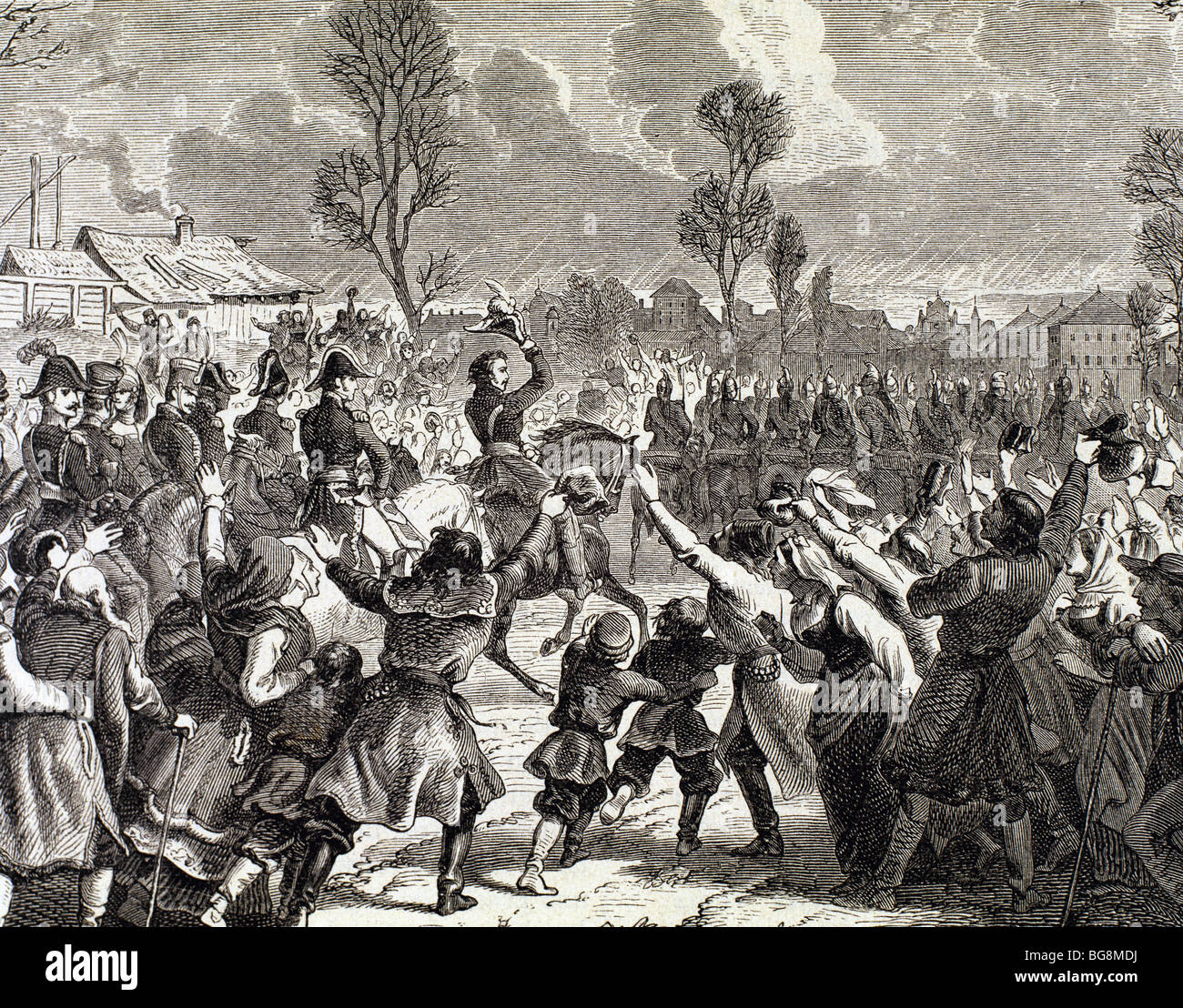 Las guerras napoleónicas. El entusiasmo de los polacos tras la llegada de las tropas francesas a Varsovia. Grabado. Foto de stock