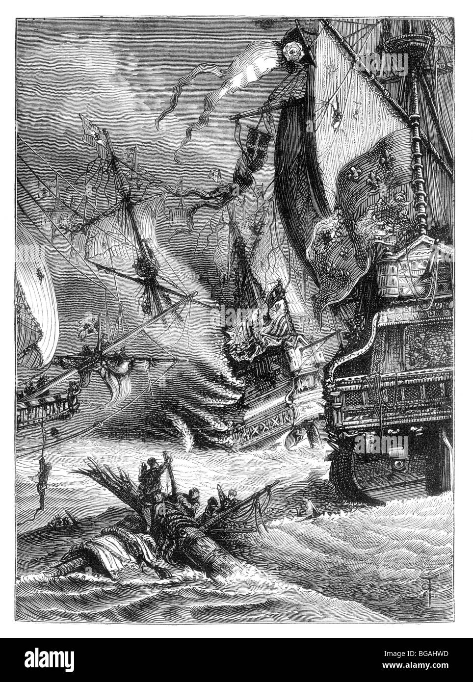 Ilustración; la destrucción de la Armada Española por la flota inglesa, 1588 Foto de stock