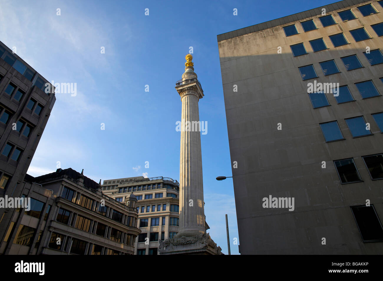 El monumento, una columna marcando el Gran Incendio de Londres visto desde donde el fuego del brote comenzó en Pudding Lane en Londres Foto de stock