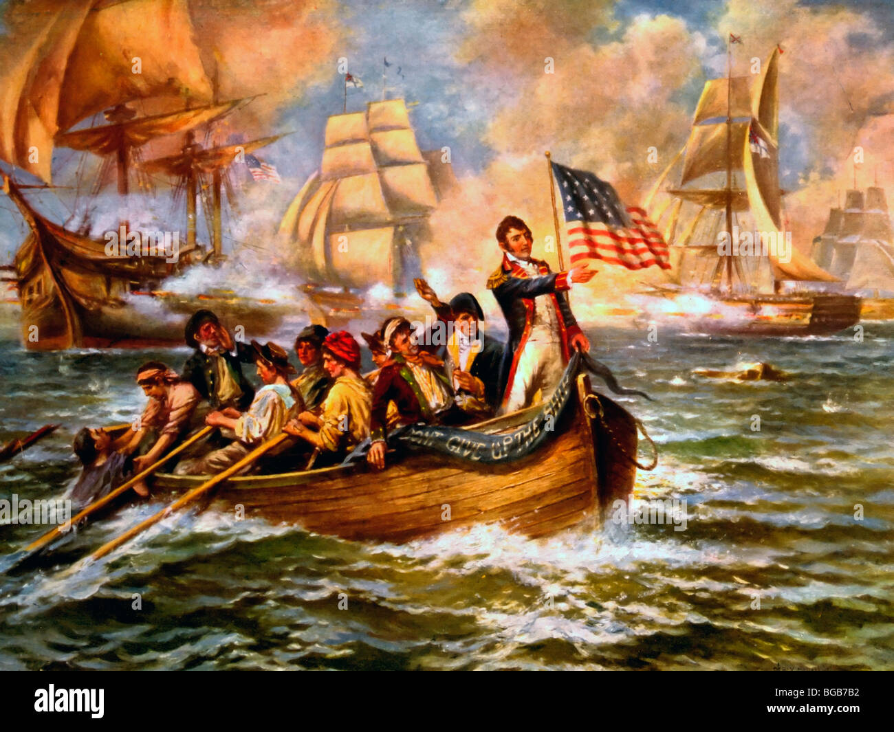 Peligro de Oliver Perry después del abandono de su buque insignia, el Lawrence durante la batalla del lago Erie, en la guerra de 1812, Septiembre 10, 1813 Foto de stock