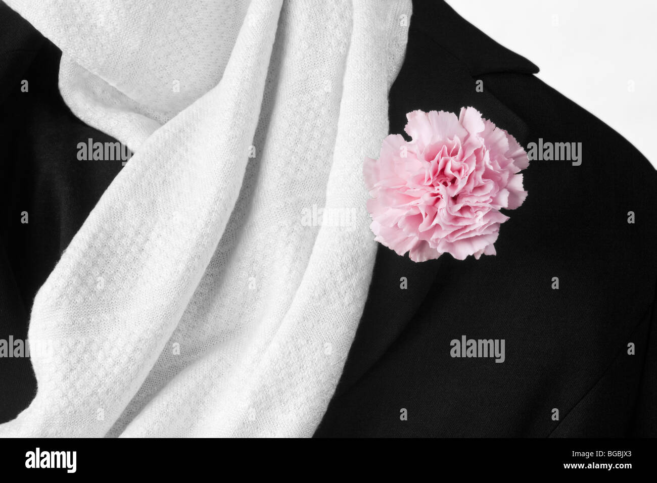 Primer plano de la bufanda de seda blanca y la chaqueta negra con una clavel rosa Foto de stock