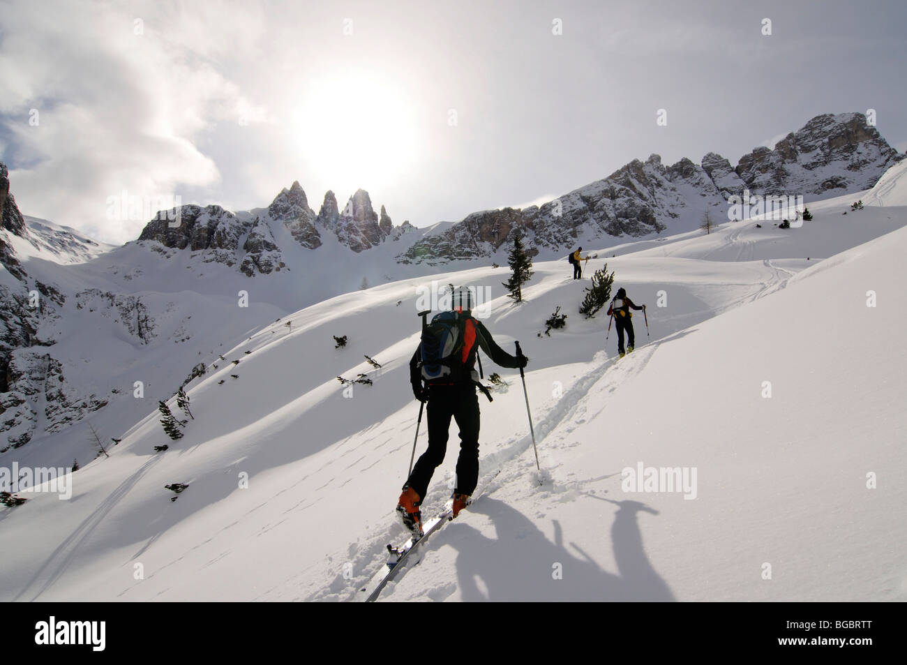 Esquí de travesía, Mt. Stein, Sextner Hochpustertal Sexten, valle, Tirol del Sur, Italia, Europa Foto de stock