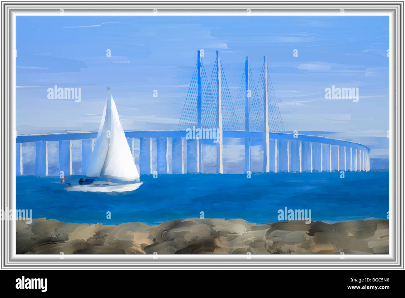 Mixed Media pintura moderna, velero delante del puente de Sund, Dinamarca, Europa Foto de stock