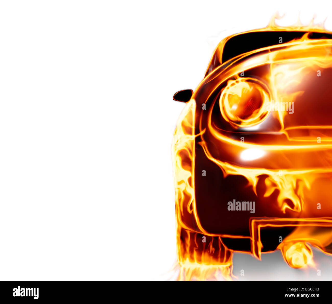 Licencia e impresiones a MaximImages.com - cubierto con llamas coche deportivo aislado sobre fondo blanco Foto de stock