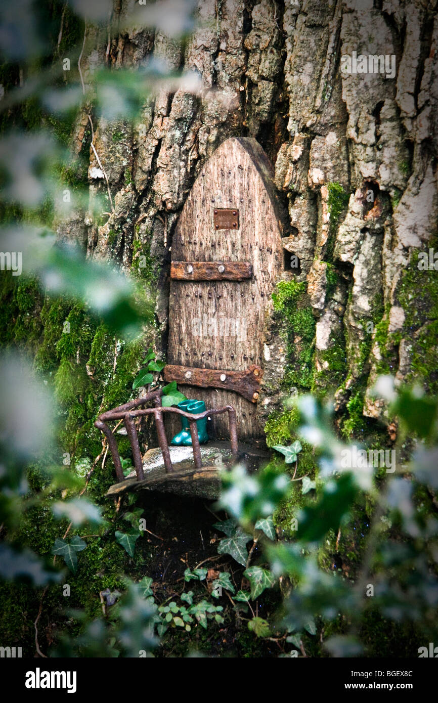 Un cuento de puerta en un árbol del bosque mágico Foto de stock