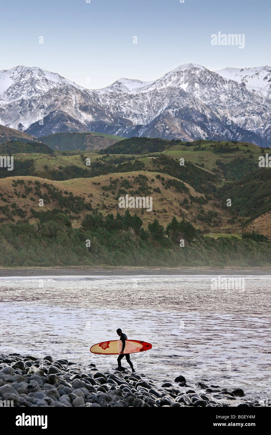 Un surfista en la playa en Kaikoura Nueva Zelanda con colinas y montañas nevadas en el fondo Foto de stock