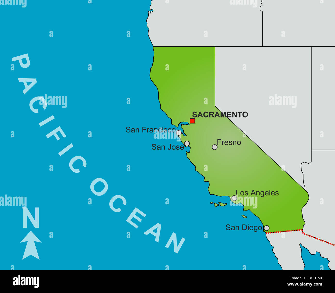 Una estilizada mapa del estado de California que muestran diferentes grandes ciudades y estados cercanos. Foto de stock