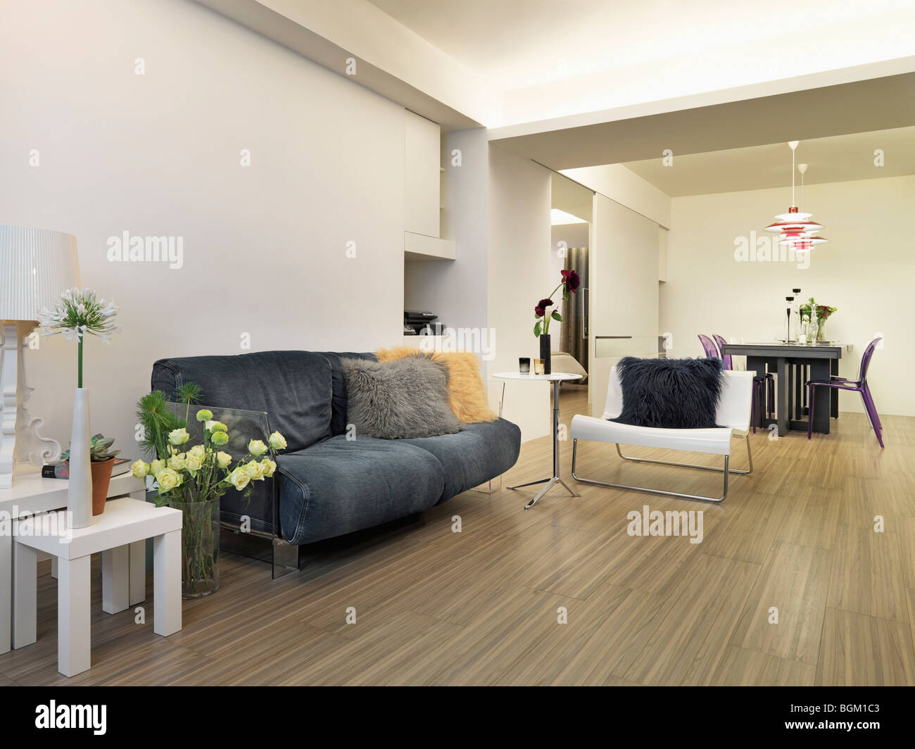 Moderna sala de estar y comedor con pisos de madera Fotografía de stock -  Alamy