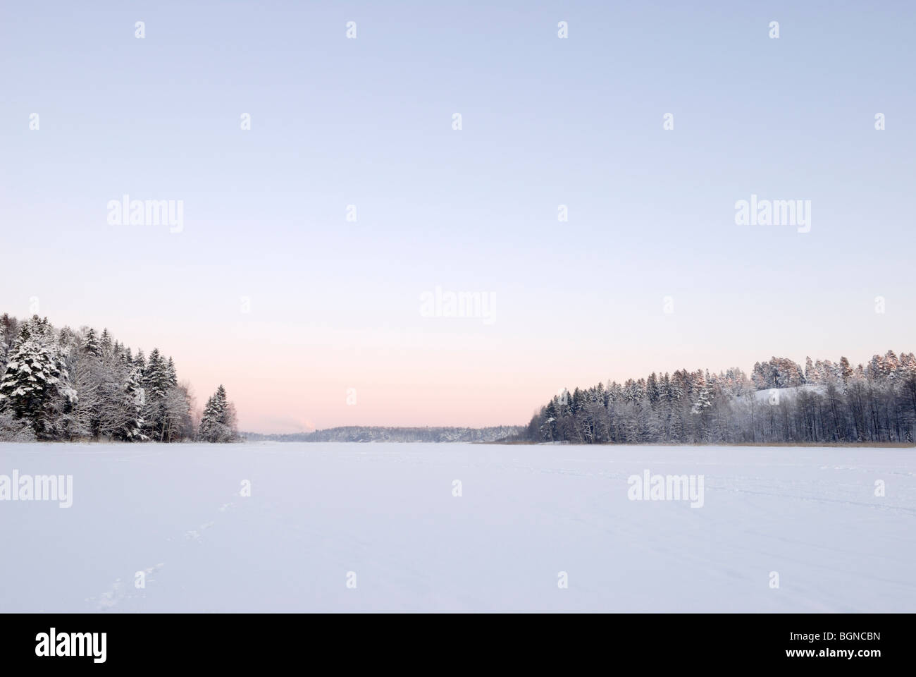 Hermosa helada noche de invierno en el lago congelado, Espoo, Finlandia Foto de stock