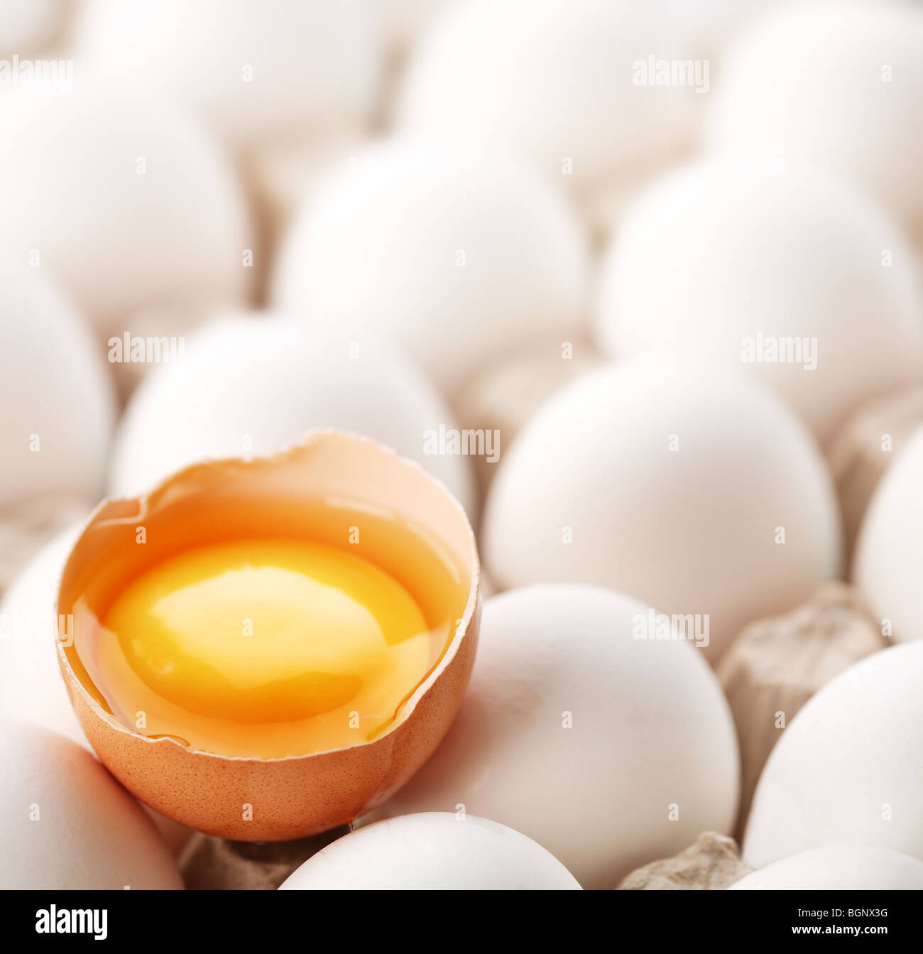 El huevo es marrón roto entre los blancos de los huevos. Foto de stock