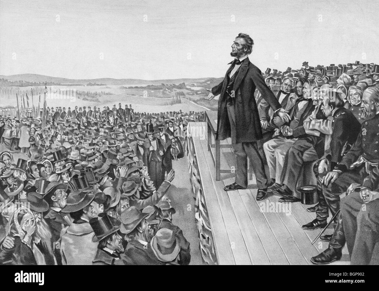 Imprimir c1905 del Presidente de los Estados Unidos Abraham Lincoln dando el famoso Discurso de Gettysburg el 19 de noviembre de 1863. Foto de stock