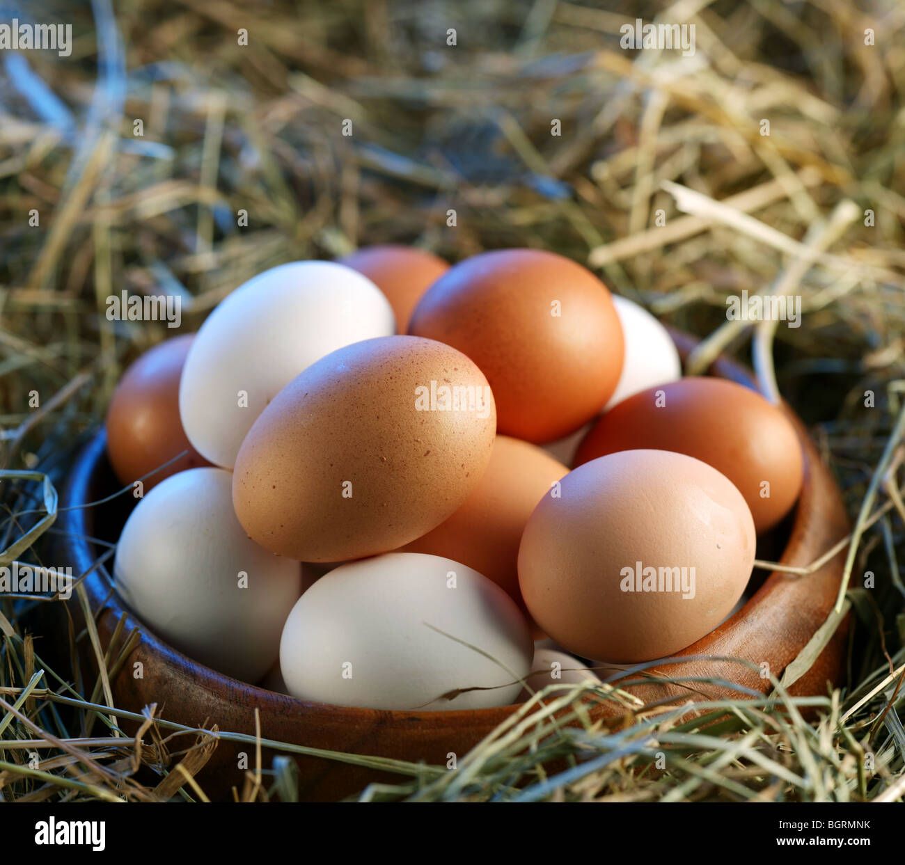Huevos de gallina en la paja a la luz de la mañana. Foto de stock