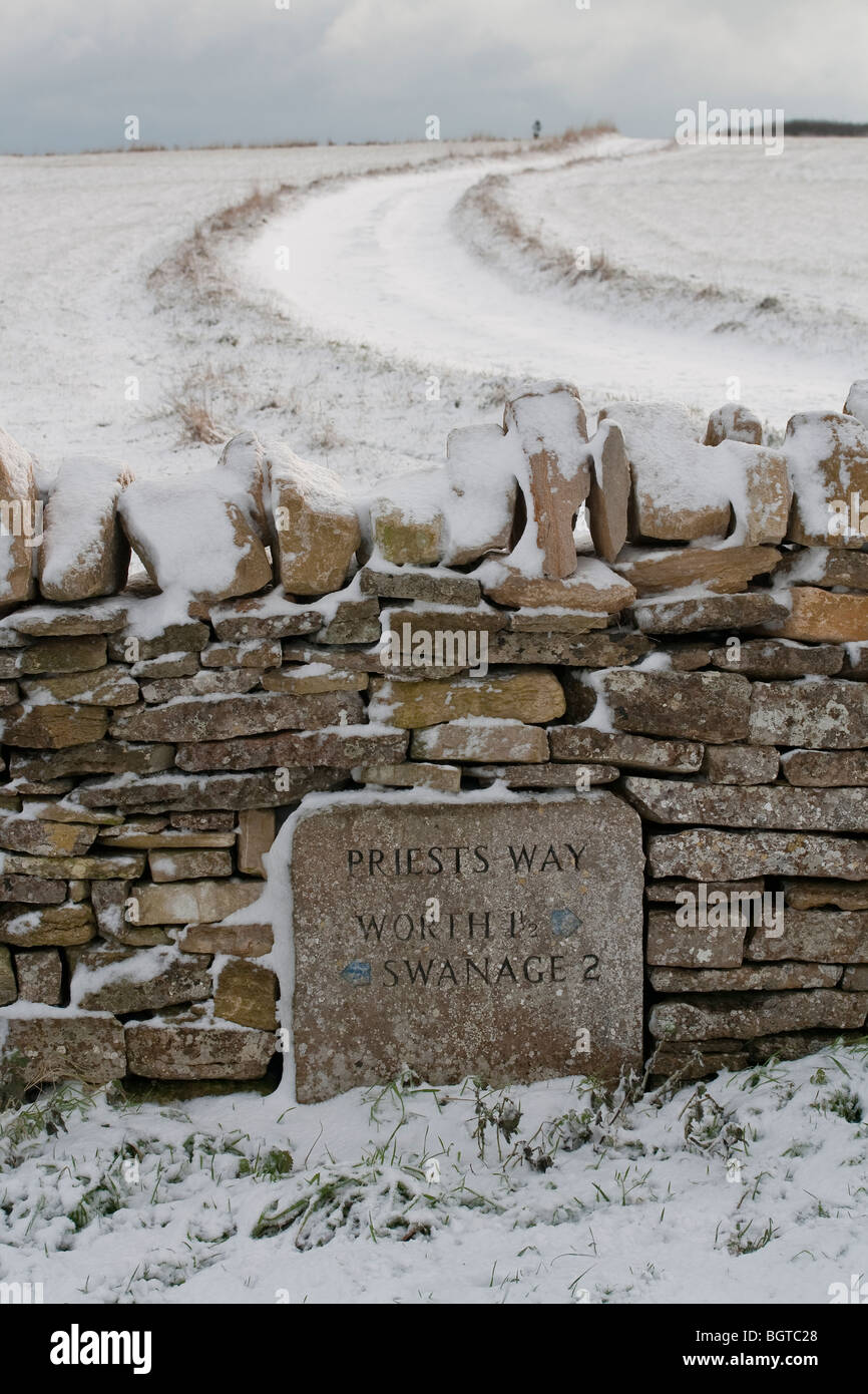 Cubiertas de nieve fuera de pista a los sacerdotes, Purbeck, Dorset, Reino Unido Foto de stock
