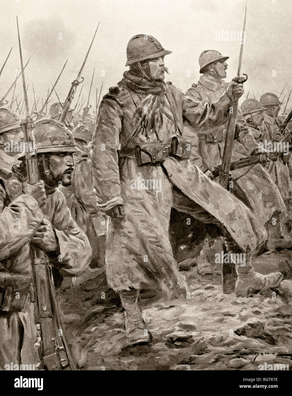 Stand en la infantería francesa preparada con bayonetas fijas en algún lugar en el frente occidental. Foto de stock
