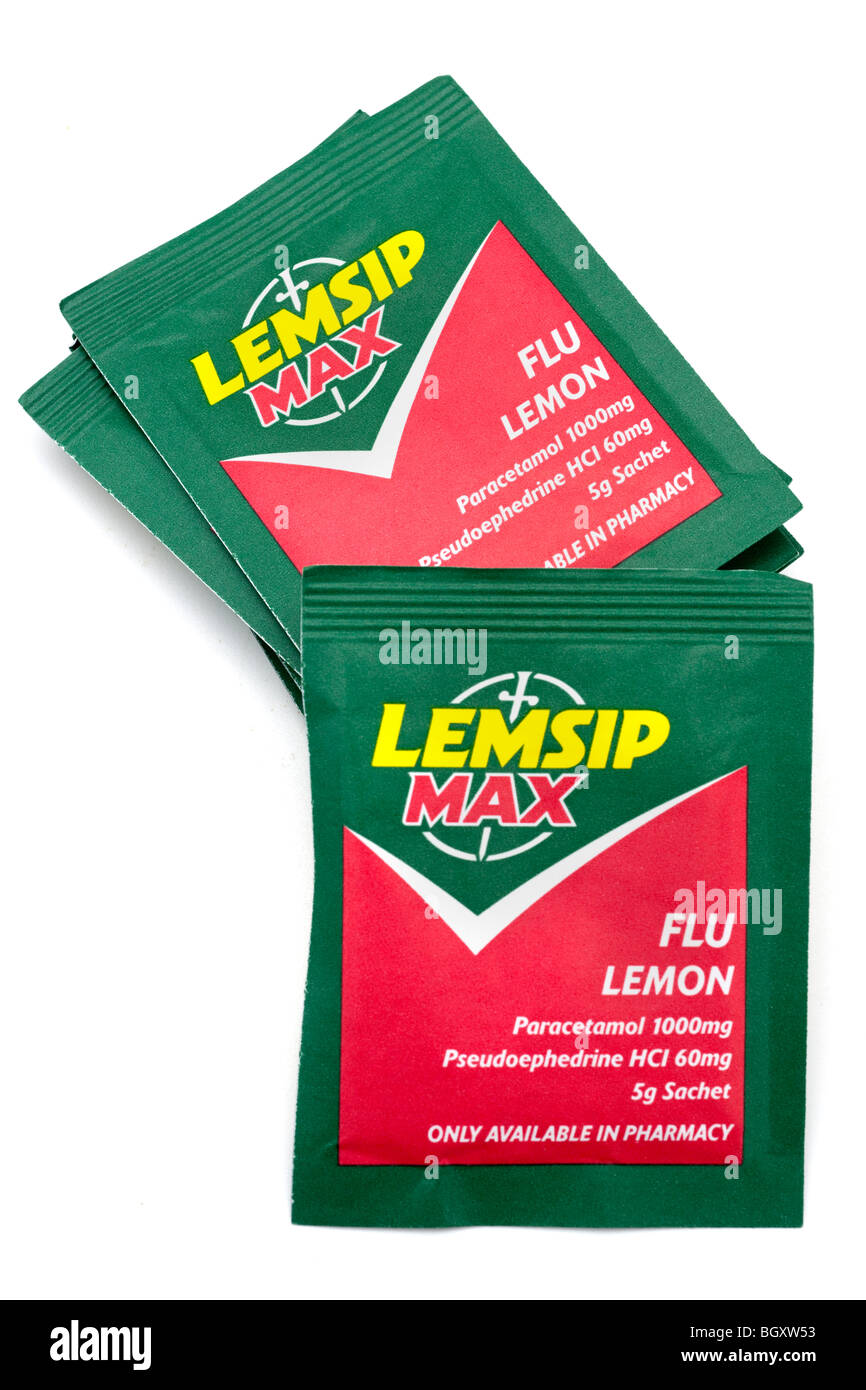 Tres 3 bolsitas de Lemsip max gripe remedy Foto de stock
