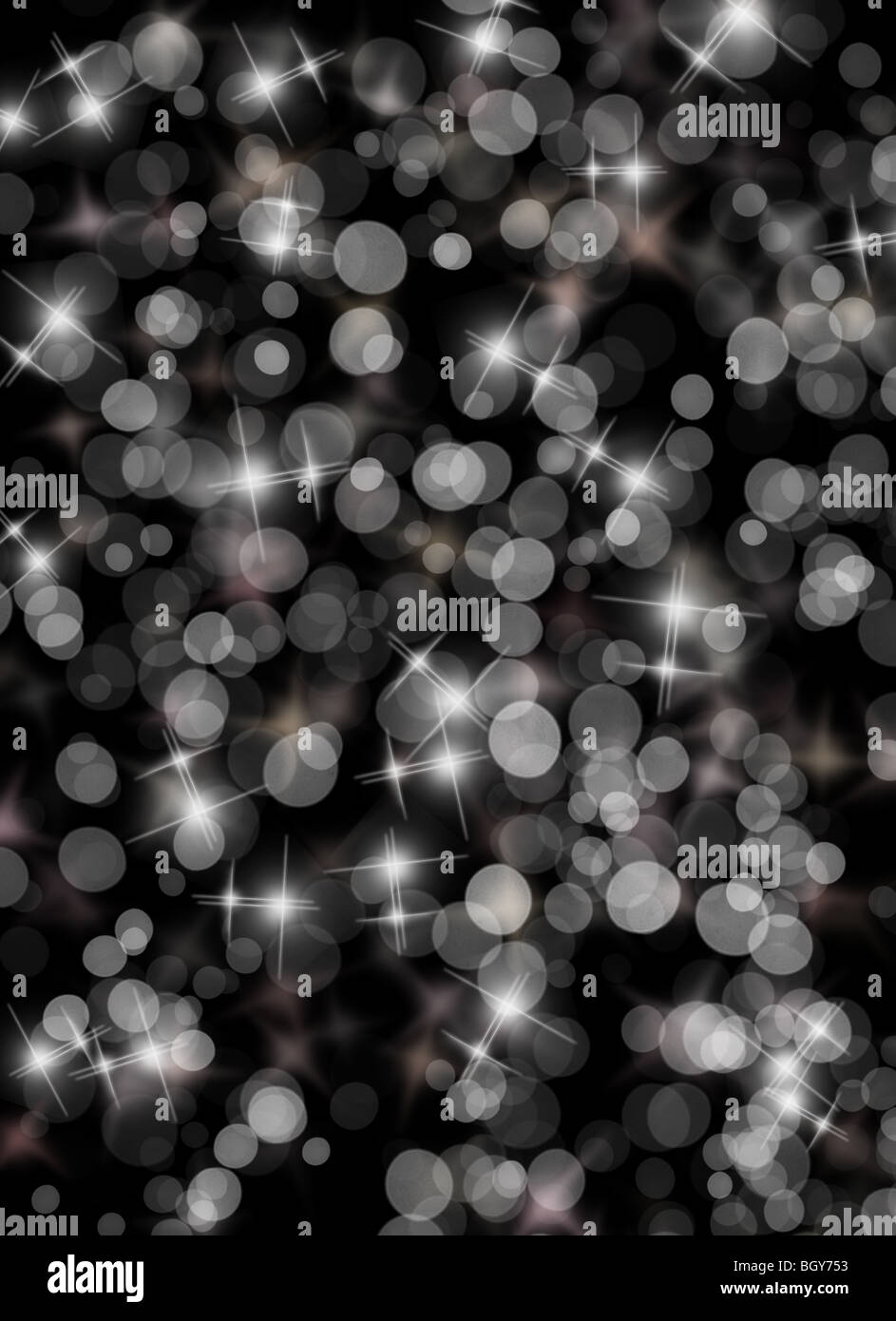 Ilustración de burbujeante fuera de foco de luz plateada sobre fondo negro. Foto de stock