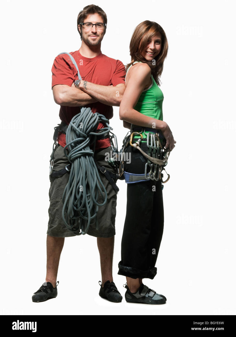 Retrato de dos escaladores con cuerdas Foto de stock