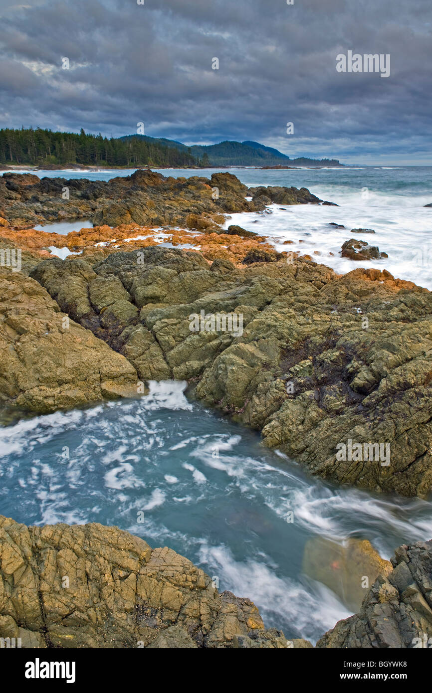 Una costa escarpada y la acción de las olas a lo largo de la costa oeste de Cape Palmerston, en el norte de la isla de Vancouver, la isla de Vancouver, British C Foto de stock