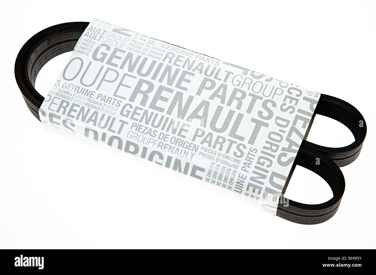 Las piezas originales de Renault en el embalaje de la correa del ventilador Foto de stock