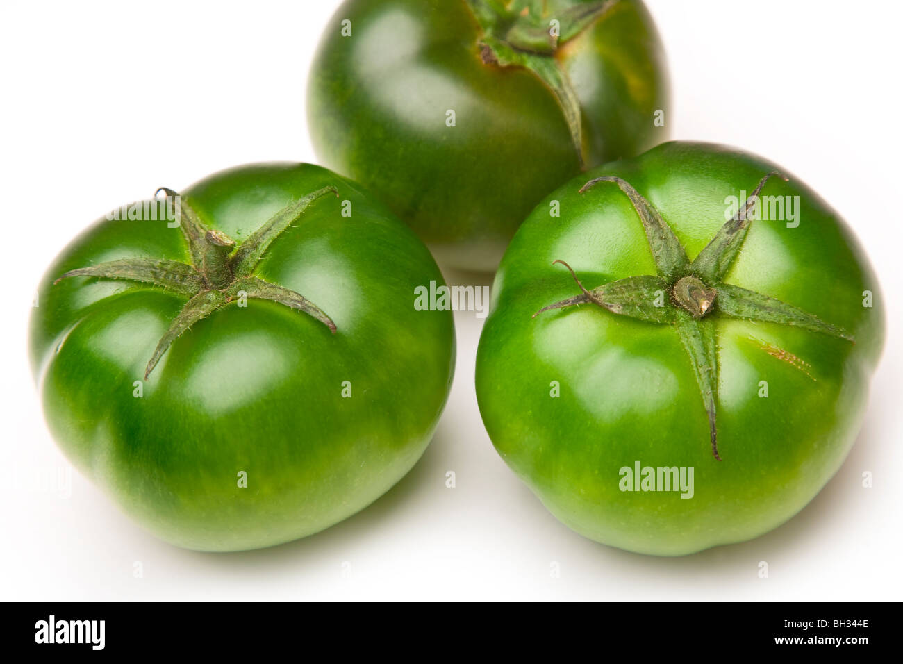 Los tomates verdes sobre un fondo blanco. Foto de stock