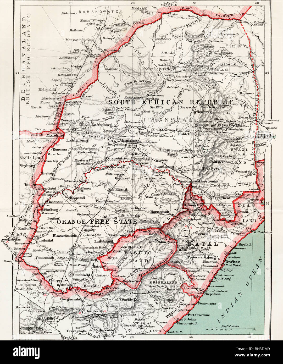 Mapa de República Sudafricana, el Estado Libre de Orange y Natal, circa 1900. Foto de stock