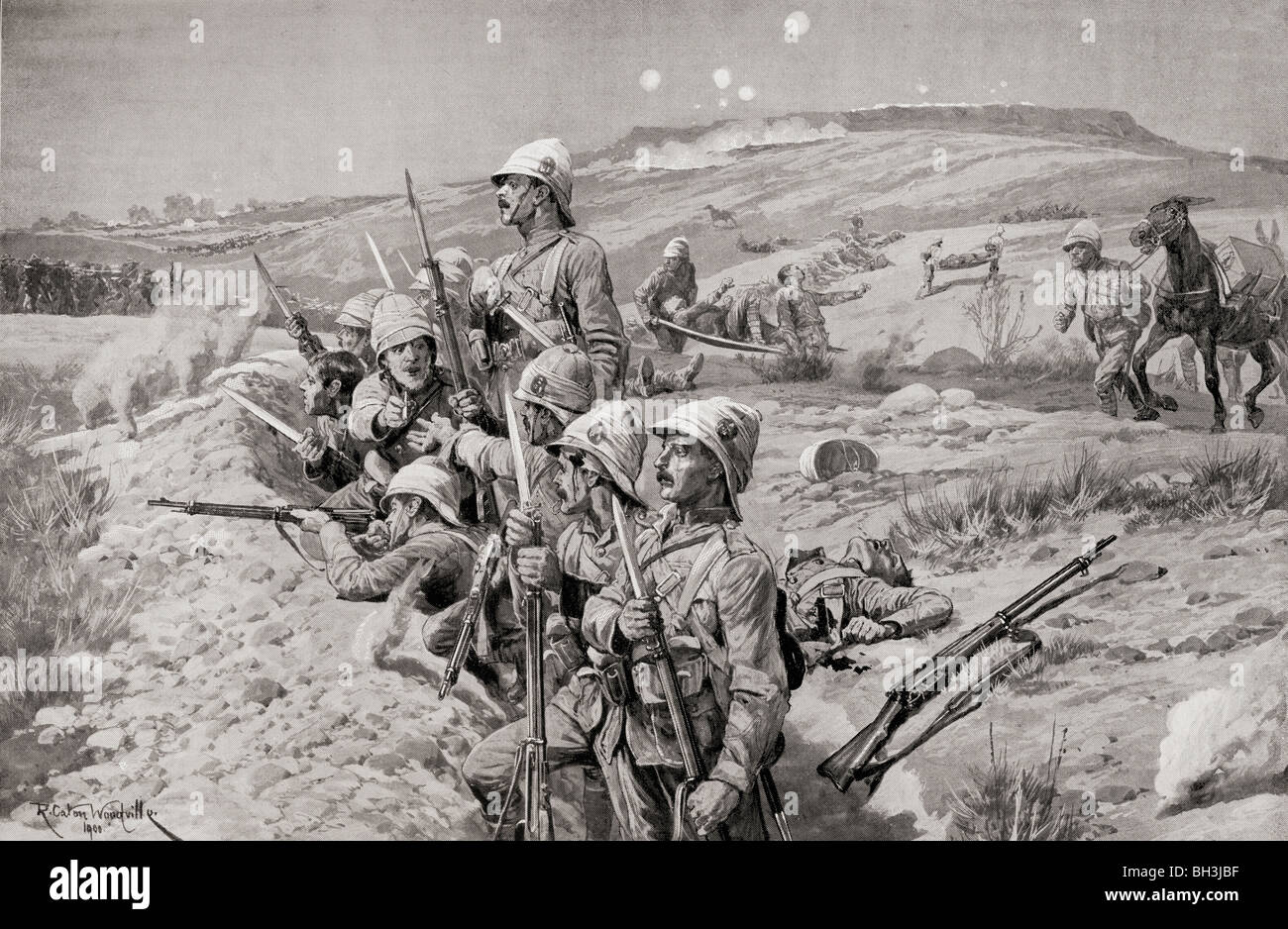 Las tropas británicas con bayonetas fija preparada para repeler un ataque contra las trincheras alrededor de Ladysmith, Sudáfrica. Foto de stock