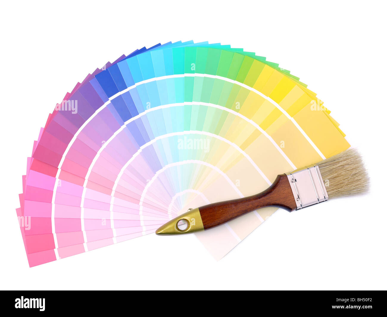 El cepillo de la pintura en la matriz de diferentes muestras de colores de pintura Foto de stock
