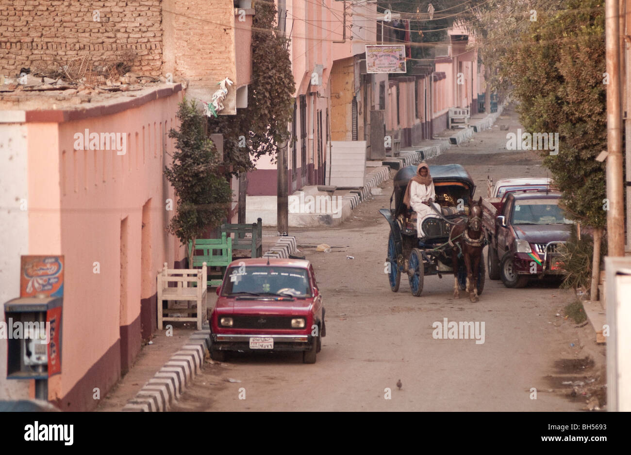 Caballo y carro tráfico en Edfu, Egipto, África Foto de stock