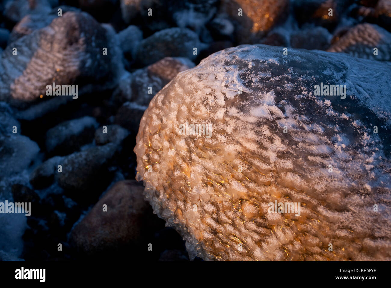Las rocas cubiertas de hielo a orillas del mar al atardecer Foto de stock
