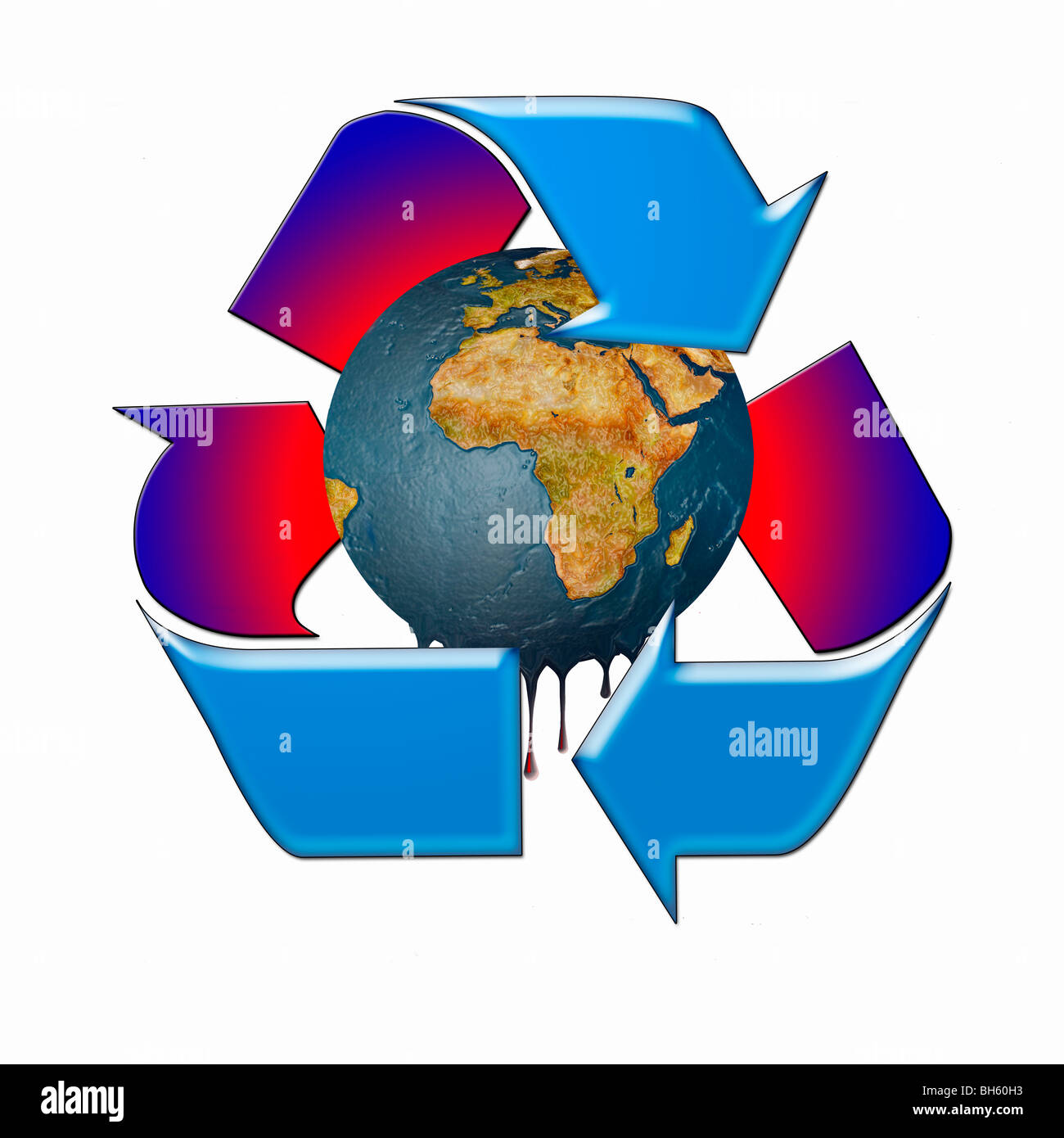El calentamiento global, representado por un Planeta Tierra de fusión dentro de un símbolo de reciclado Foto de stock