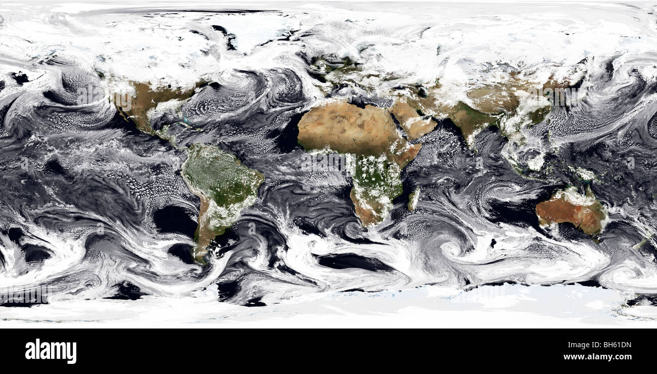 Enero 2, 2009 - Proyección cilíndrica equidistante de visualización mostrando las nubes en todo el mundo. Foto de stock
