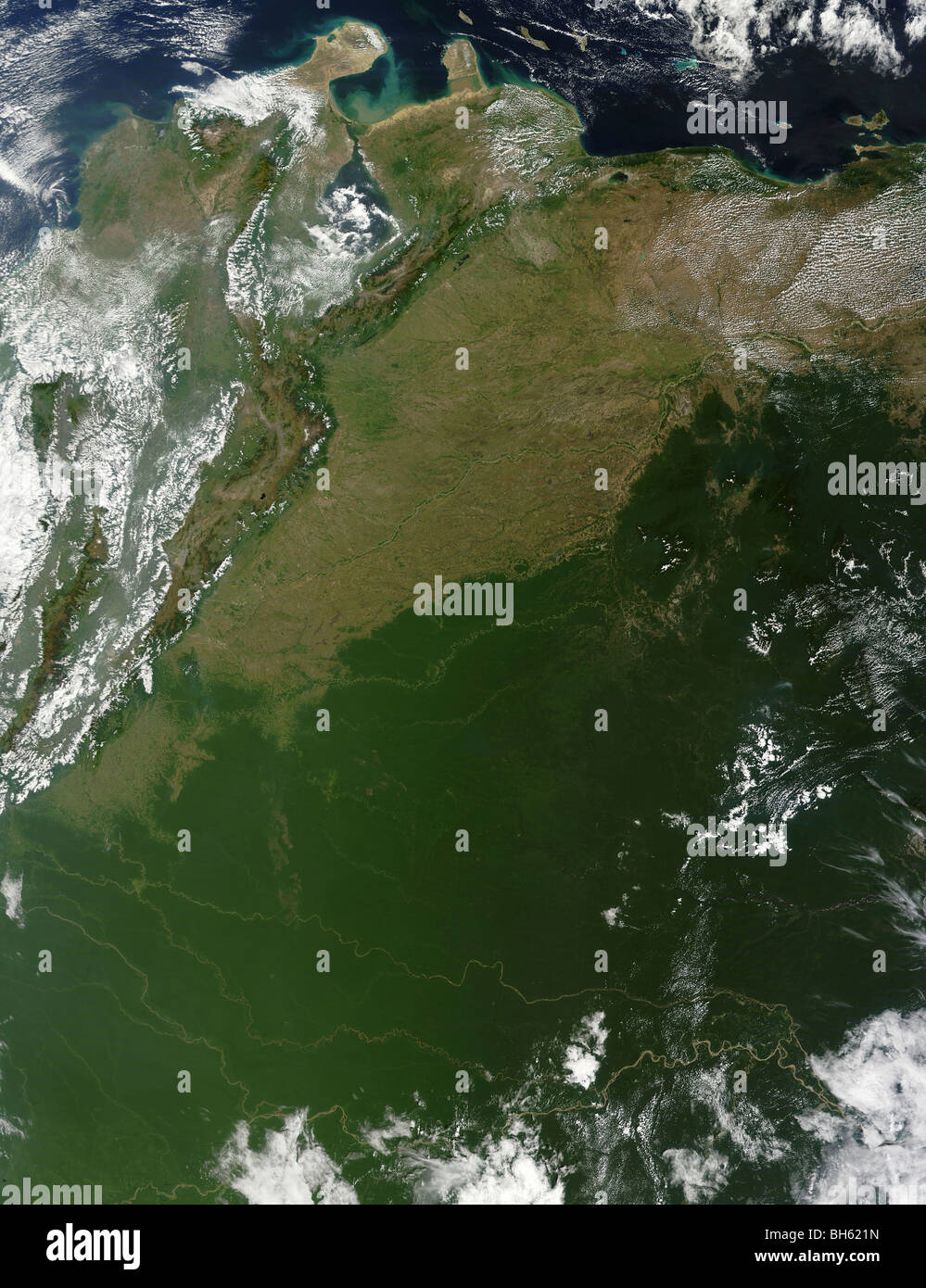 Vista satélite del este de Colombia y norte de Venezuela. Foto de stock