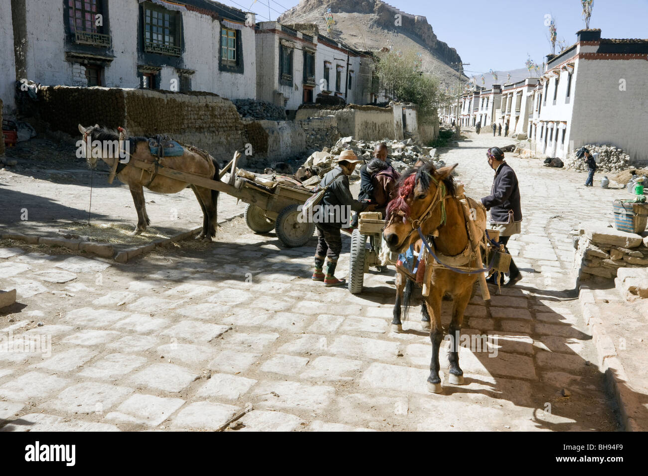 Carros pony tibetano en las callejuelas del barrio antiguo de China tibet gyantse Foto de stock