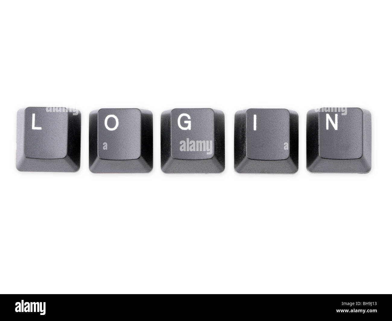 Teclas del teclado negro formando LOGIN palabra sobre fondo blanco. Foto de stock