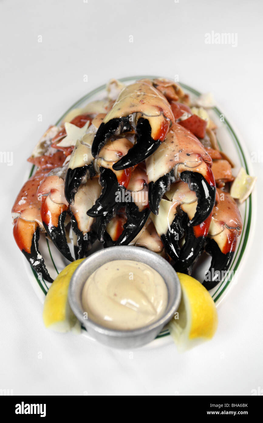 Plato de cangrejos de piedra, el restaurante Joe's Stone Crab, South Beach, Miami, Florida, USA. Foto de stock