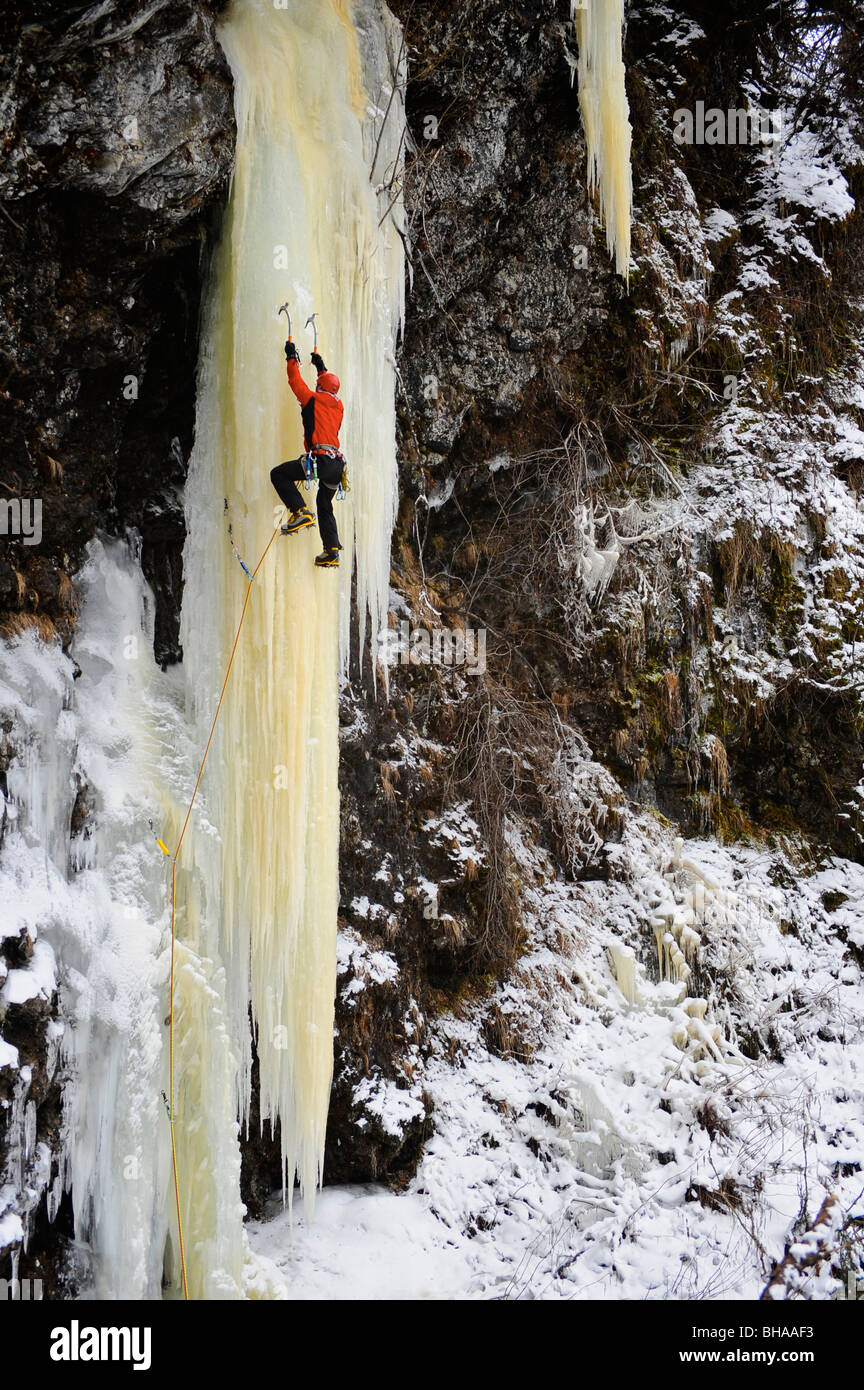 Mujer ice climber sube un gran icefall en Southcentral Alaska Foto de stock