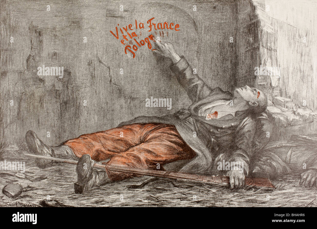 La muerte de un voluntario polaco. Dibujo de propaganda emitida durante la Primera Guerra Mundial. Foto de stock
