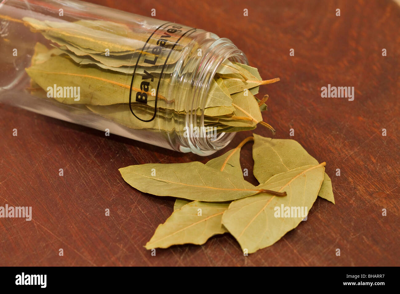 Hojas de laurel secas sobre una tabla para cortar Fotografía de stock