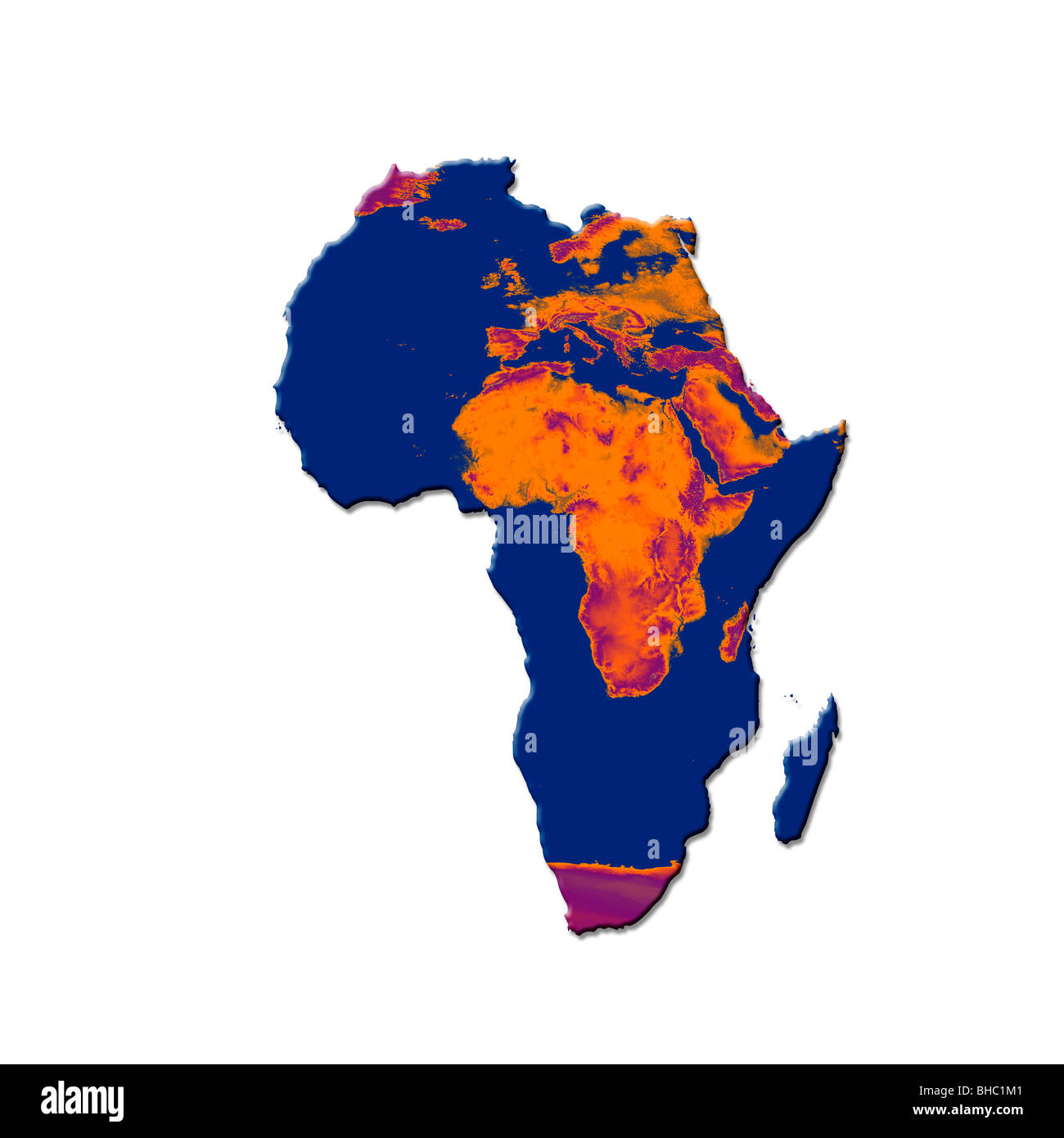 Mapa de África con una imagen quemada de África y Europa superpuestos. Imagen conceptual que representa el calentamiento global y la desertificación Foto de stock