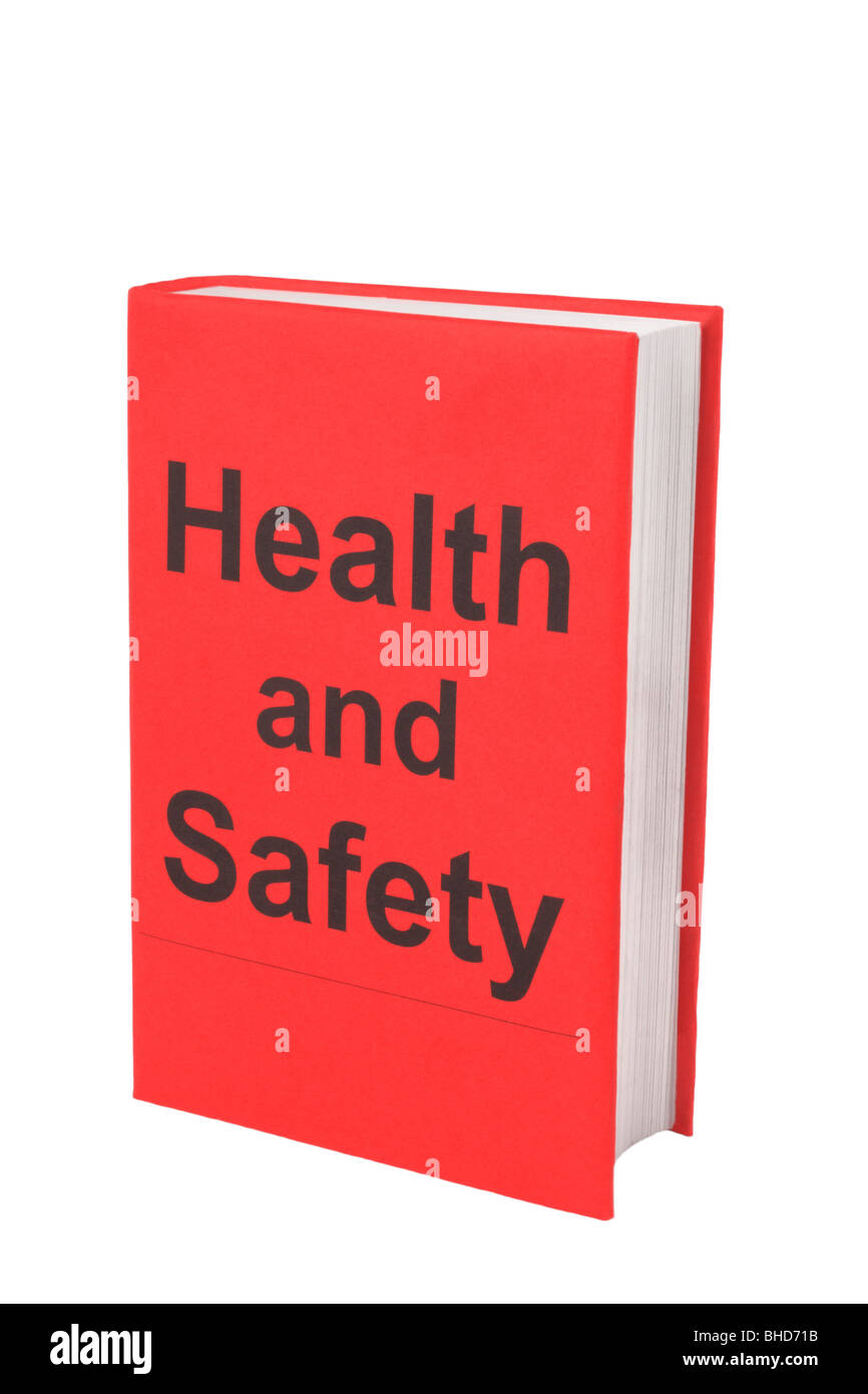 Libro con palabras, la salud y la seguridad en la tapa roja. Fondo blanco Foto de stock