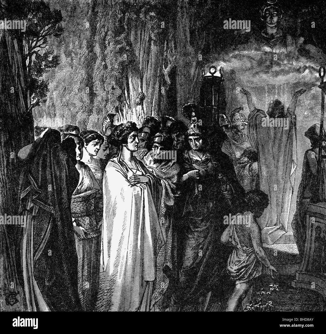 Ifigenia, figura mítica griega, hija de Agamemnon y Clytemnestra, escena, inmolación en aulis, mujer, mujer, mujeres, Foto de stock