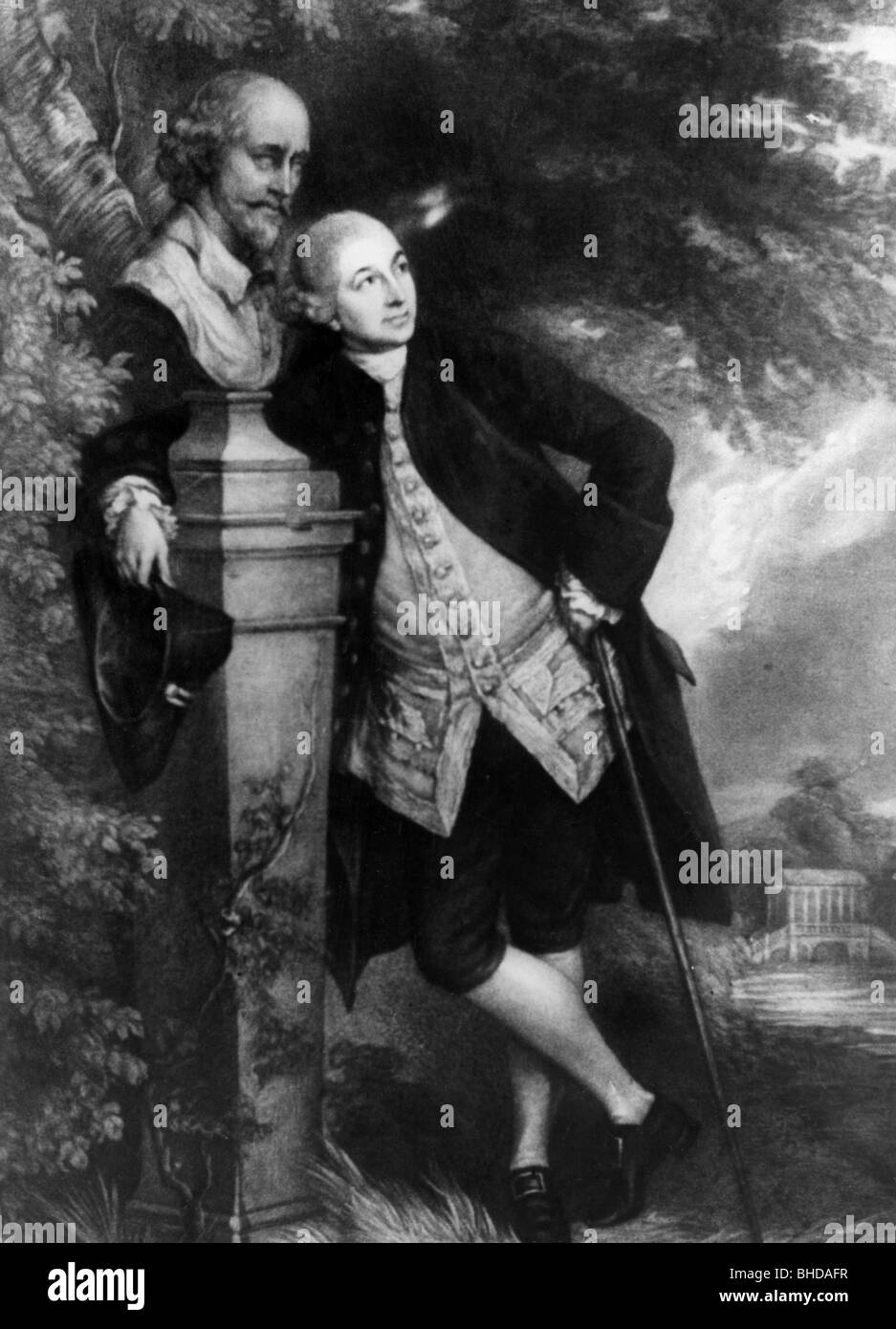 Garrick, David, 20.2.1716 - 20.1.1779, actor inglés, de longitud completa, apoyado contra el busto de Shakespeare, pintura, por Thomas Gainsborough (circa 1727 - 1788), siglo 18, , Foto de stock