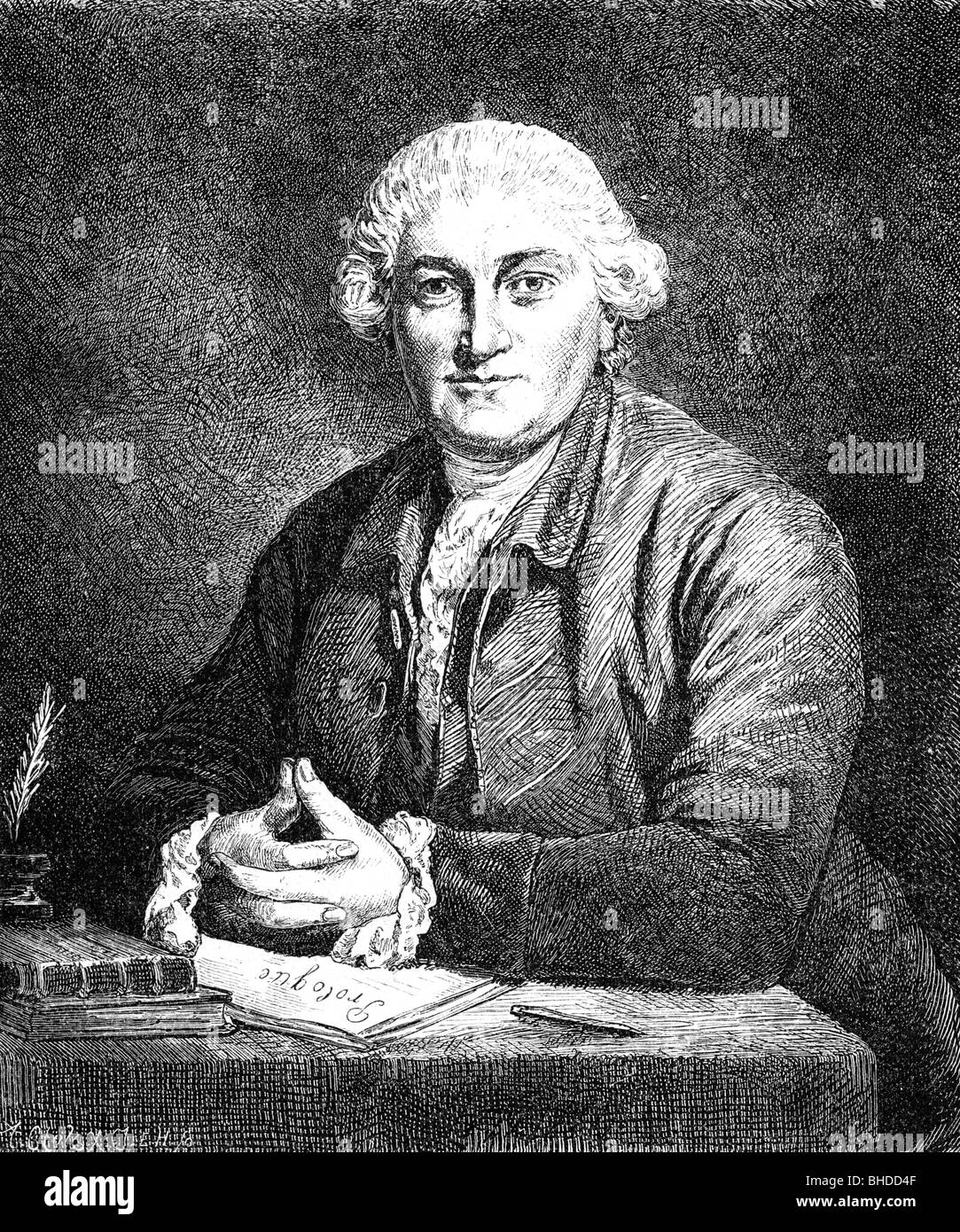 Garrick, David, 19.2.1717 - 20.1.1779, actor inglés, dramaturgo, mitad de longitud, en su escritorio, grabado de madera, Foto de stock