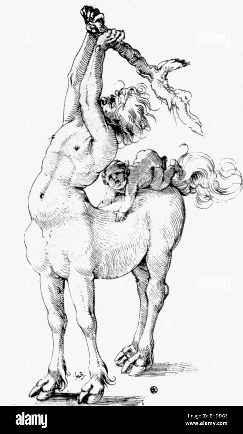 Centaur, criatura mítica griega, dibujo de pluma, por Hans Baldung llamado Grien, circa 1515, Foto de stock