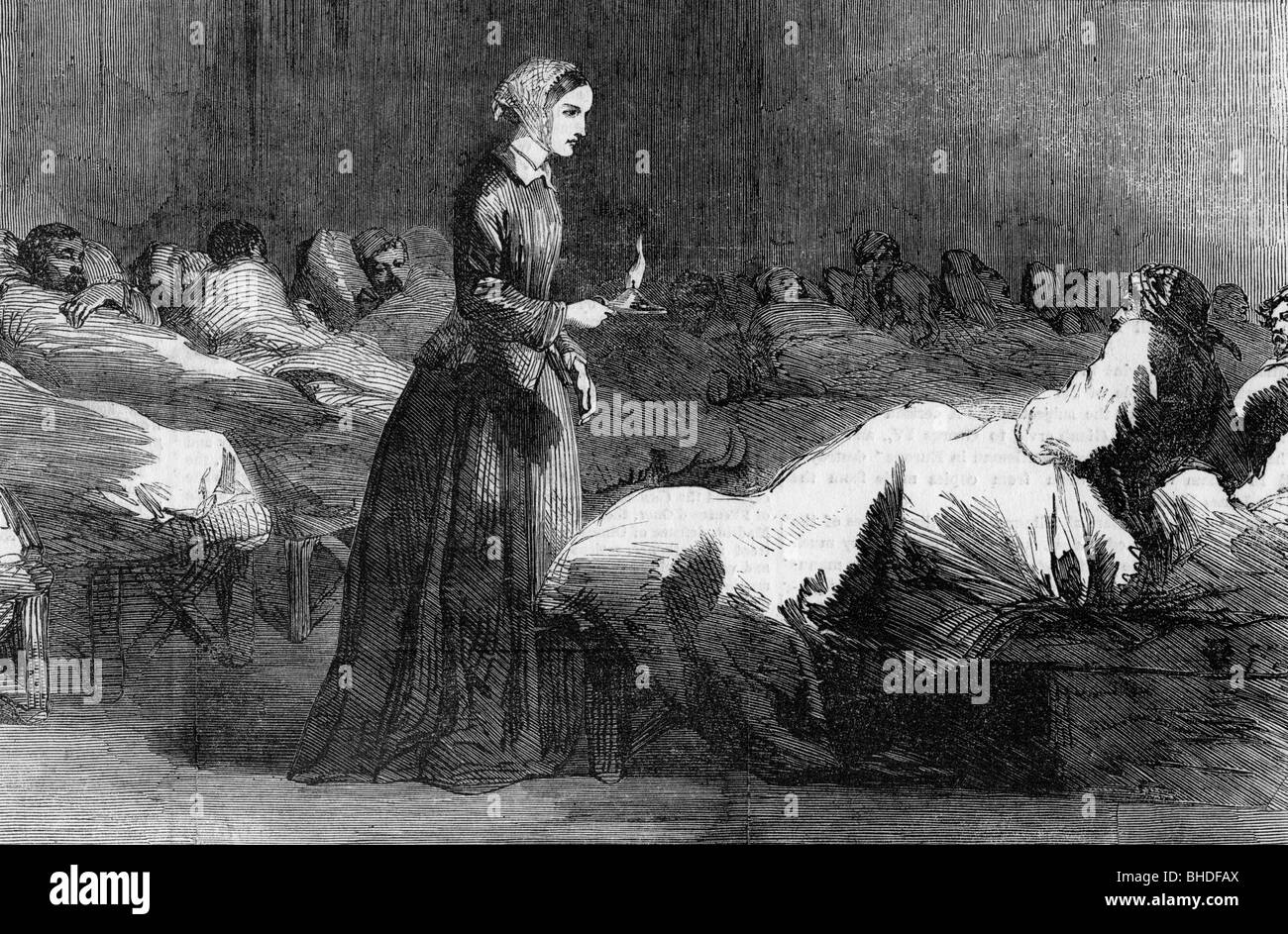 Nightingale, Florencia, 15.5.1820 - 13.8.1910, enfermera británica, en el hospital de Scutari, 1855, grabado en madera, siglo 19, Foto de stock