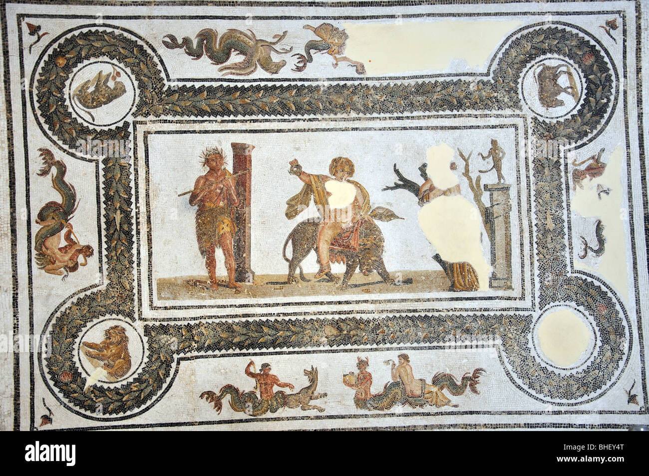 'Leones devorando a un jabalí" Mosaic, el Museo Arqueológico, El Djem El Djem, Gobernación de Mahdia, Túnez Foto de stock